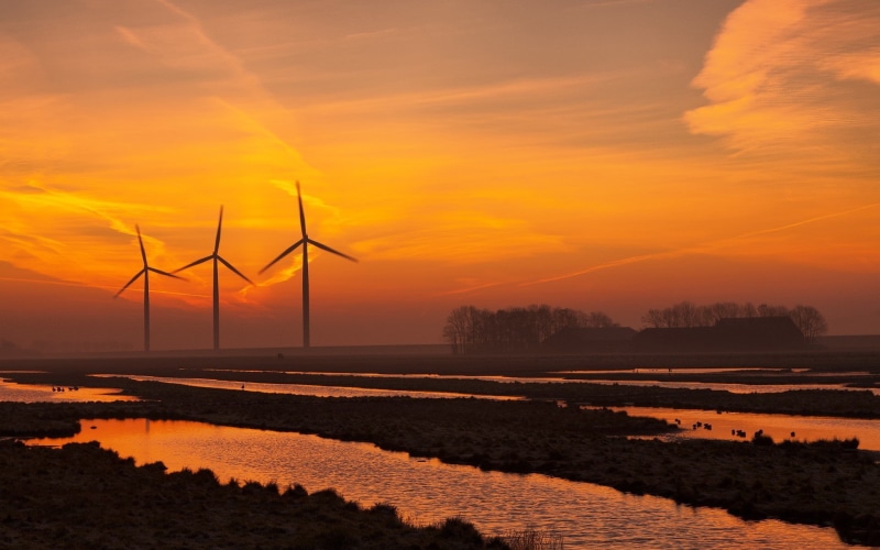 tranquility, clouds, electricity, fuel and power generation, turbine, wind turbine, 1080P, sustainable resources, sunset, orange color, technology, renewable energy