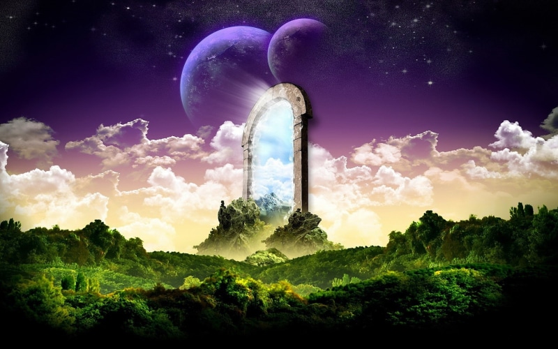 new, 1080P, gateway, landscape, illustration, fantasy, two, moon, background, world