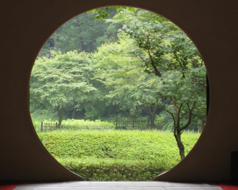 doorway, hole, land, circle, green color, temple, japan, geometric shape, gateway, shape, trees, bushes, beauty in nature, tranquil scene, entrance, no people