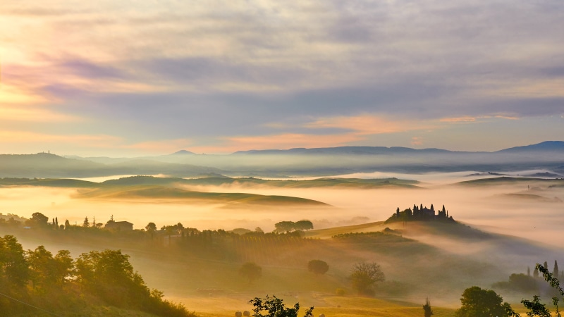 4K, Tuscany, Golden morning, Rolling hills, Fog, 4K, Italy