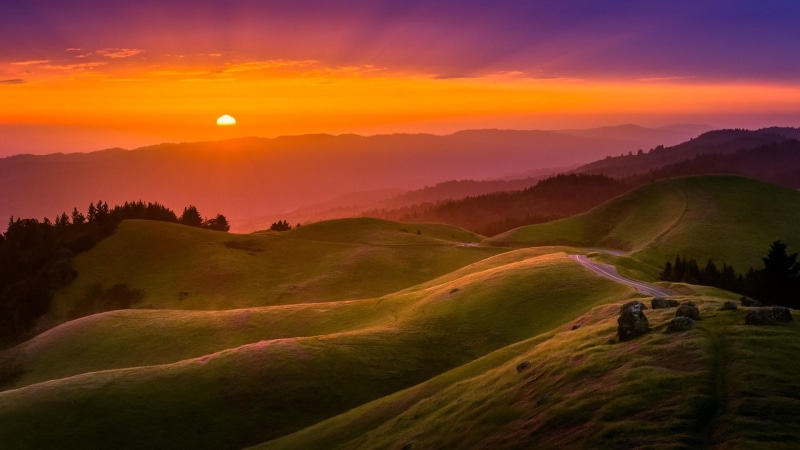 orange sky, mount tamalpais state park, state park, hill, sky, highland, sunlight, mount tamalpais, 1080P, afterglow, landscape, rolling hills, grassland