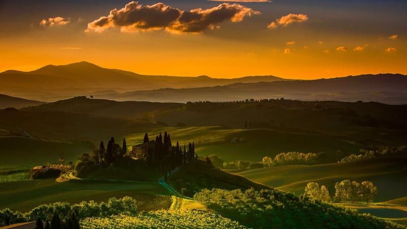 nature, podere belvedere, rolling landscape, 1080P, outdoors, sunlight, evening, tranquility, cloud - sky, sun, mountain range, field, no people, environment