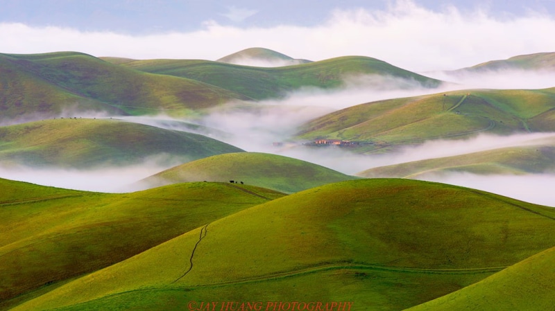 Lights, Curves, Green  Spring, Spring Green, aerial, aerial photo, rural Scene, Livermore, photo, green Color, 480P, Rolling Hills, East Bay, Fog, Sunrise