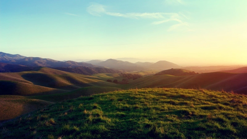 landscape, dawn, idyllic, green, sunset, hiking, travel, sky, yellow, fog, valley, sunrise - Dawn, plant, mountain ridge, remote, beauty In Nature, plates