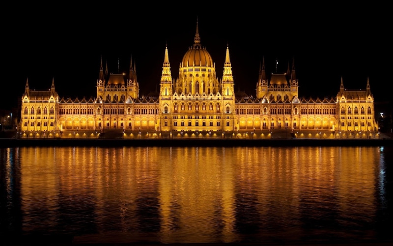 architecture, night, river, travel destinations, illuminated, tourism, building, painting, Hungarian Parliament Building, built structure, no people, sky