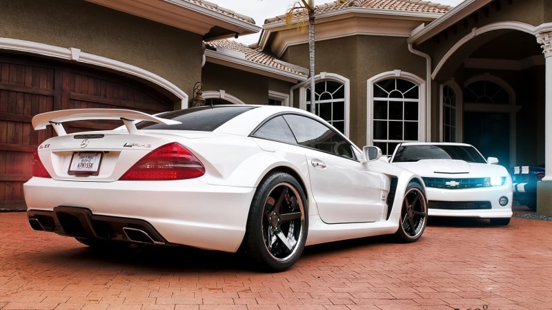 architecture, garage, chrome, no people, coupe, wealth, Mercedes-Benz, red, transportation, built structure, vintage car, retro styled, building exterior