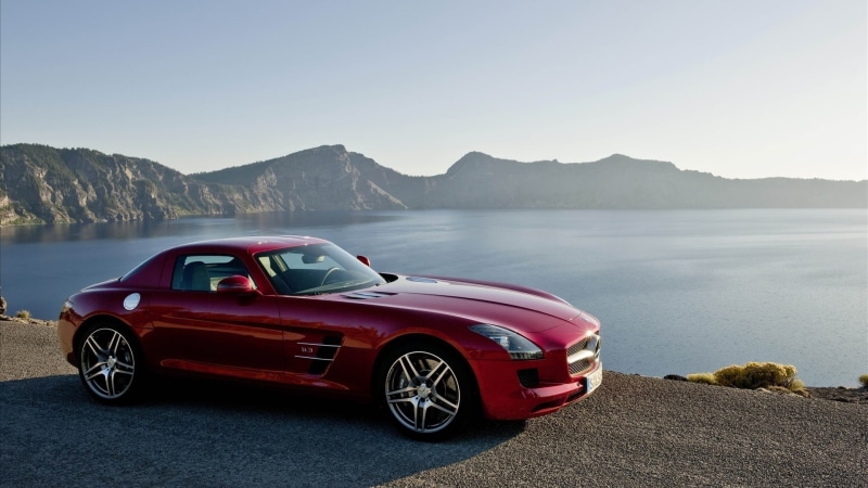 copy space, Mercedes SLS, beauty in nature, water, motor vehicle, Mercedes-Benz, mountain, nature, rd, Mercedes-Benz SLS AMG, transportation, red, non-urban scene