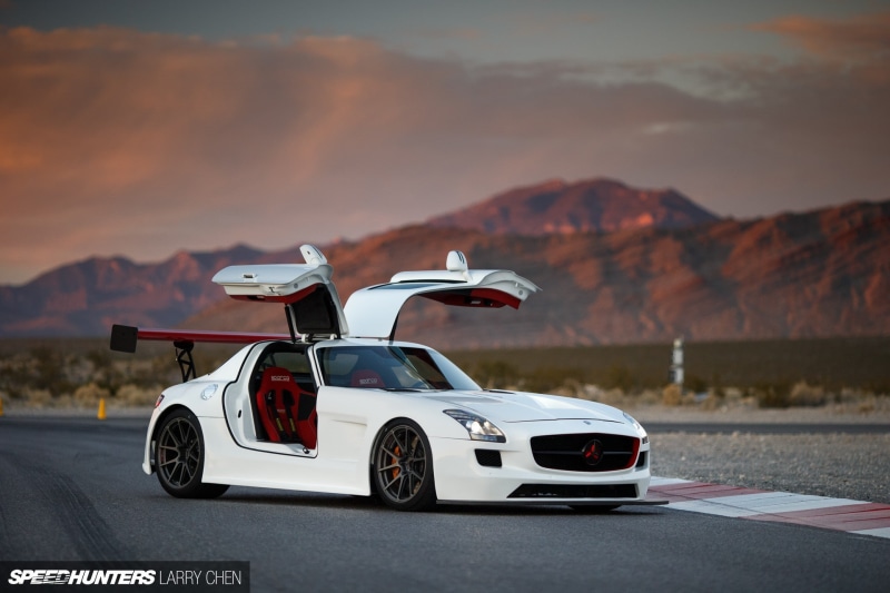 real people, racecar, motor vehicle, sunset, driving, Mercedes SLS, motor racing track, outdoors, sky, Mercedes-Benz SLS AMG, mountain, nature, cloud - sky