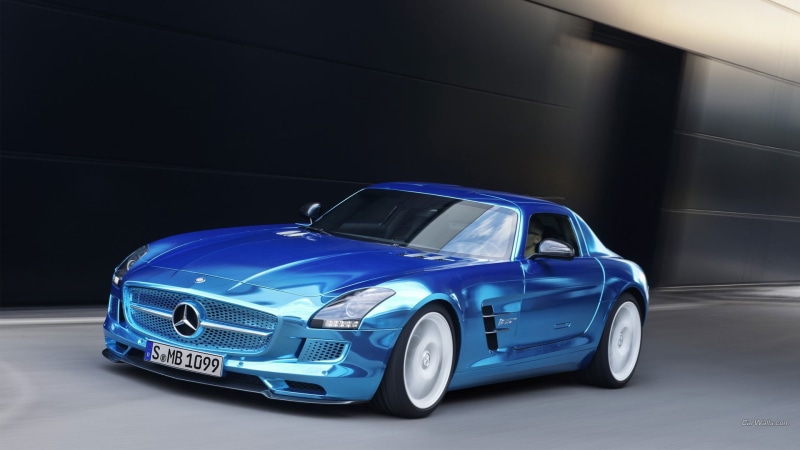 vehicle, sls, night, motorsport, speed, shiny, 1080P, illuminated, coupe, Mercedes Benz, modern, headlight, blue cars, motion, blue, car, transportation