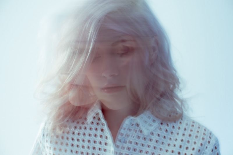 headshot, Madeline Juno, singer, white hair, indoors, close-up, blond hair, adult, front view, portrait, contemplation, long hair, 1080P, looking down