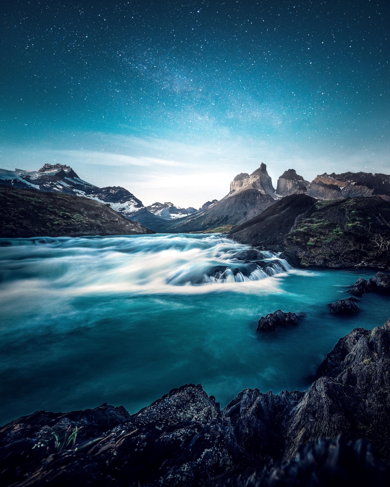 waterfall, milky way, chile, beauty in nature, travel destinations, sky, sea, lake, body, scenics - nature, astronomy, tranquility, star - space, illustration