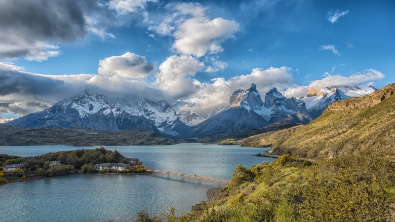 mountain, loch, torres del paine national park, fjord, mountain lake, lake, 4K, magallanes, wilderness, torres de paine, cloud, sky, fluffy clouds, highland