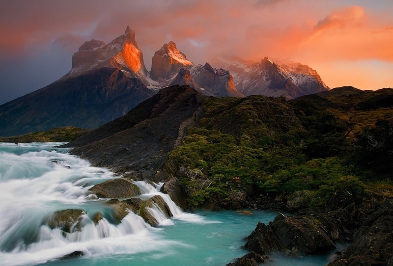 tranquil scene, landscape, stream - flowing water, mountain peak, flowing, morning, turquoise, land, no people, waterfall, Torres del Paine, lake, beauty in nature