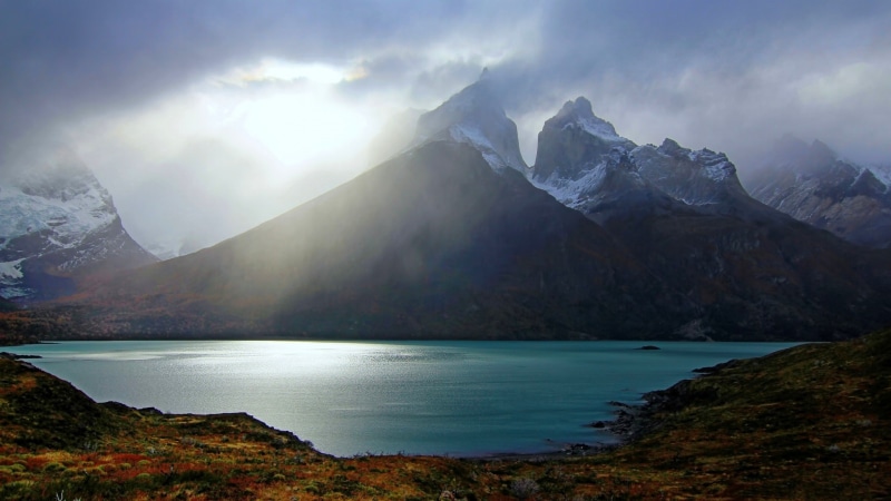 mountain peak, mountain, scenics - nature, landscape, water, sunset, cloud - sky, Torres del Paine, 1080P, Chile, tranquil scene, beauty in nature, sunlight