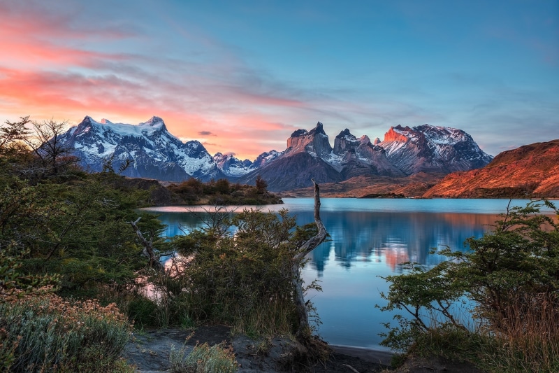 mountains, shrubs, Torres del Paine, photography, Chile, landscape, 1080P, nature, lake, snowy peak, sunset, national park, Patagonia