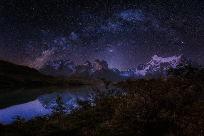 Trees, galaxy, reflection, Chile, lake, water, snow, photography, Long Exposure, 1080P, Starry Night, Shrubs, nature, Milky way, Patagonia, Torres Del Paine National Park