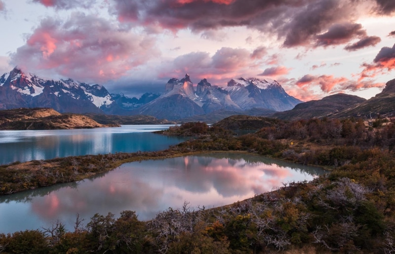 landscape, Torres del Paine, fall, snowy peak, mountains, shrubs, lake, photography, national park, nature, Chile, sunlight, clouds, 720P, sunrise