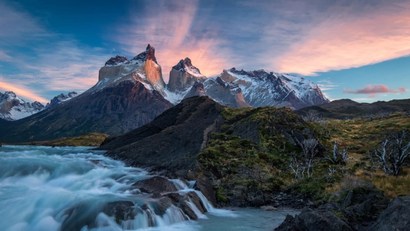 cloud - sky, mountain, river, mountain peak, nature, rock - object, snowcapped mountain, sunset, solid, environment, sky, national park, torres del paine