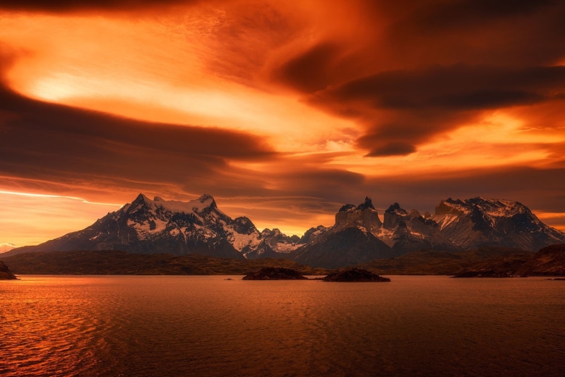 nature, Snowy Peak, 720P, clouds, Amber, Torres Del Paine, National Park, Patagonia, Chile, sunset, photography, lake, landscape, Calm, mountains