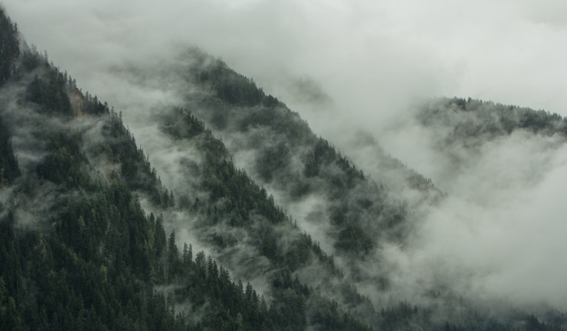 Zillertaler Alpen, fog, Berge, Tal, Mountains, misty, mountain, clouds, Austria, landscape, 4K, Morgen, Baum, mist  Mountain, photography, shrouded, Bäume