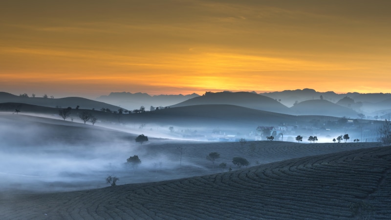 village, farmyard, sunrise, countryside, misty, hills, 5K, hill, morning, dawn, rural area