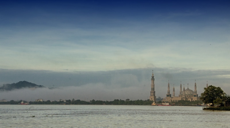 tall - high, concrete, Asia, mountain, pollution, architecture, no people, water, gray, sky, Morning, waterfront, travel, built structure, building exterior