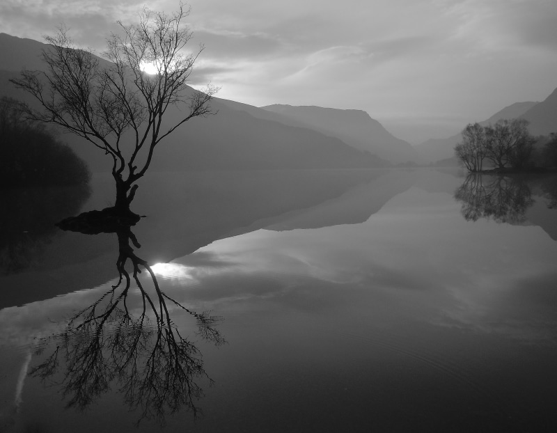 photography, Wales, silhouette, Water, lakes, mirror  image, mountain, scenics, misty, grayscale, Gwynedd, Padarn, nature, bare, outdoors, March, reflection