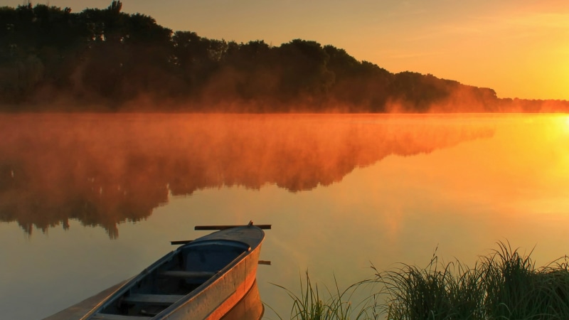 transportation, lake district, sky, tranquil scene, nautical vessel, mode of transportation, misty, tree, fog, mist, non-urban scene, beauty in nature