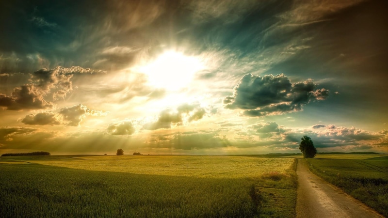 cloud, tranquil scene, sunrise, sunbeam, sunlight, tranquility, land, road, horizon, plain, 1080P, idyllic, cloud - sky, grassland, no people, environment