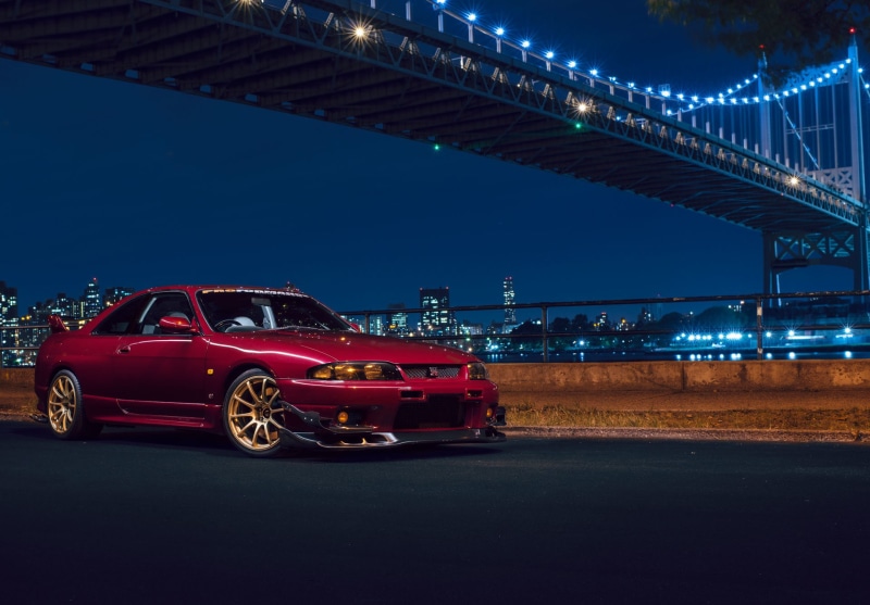 Car, red, Front, R33, coupe, Skyline, Bridge, NYC, Sport, Nissan, Nigth, Chery, New York, 1080P