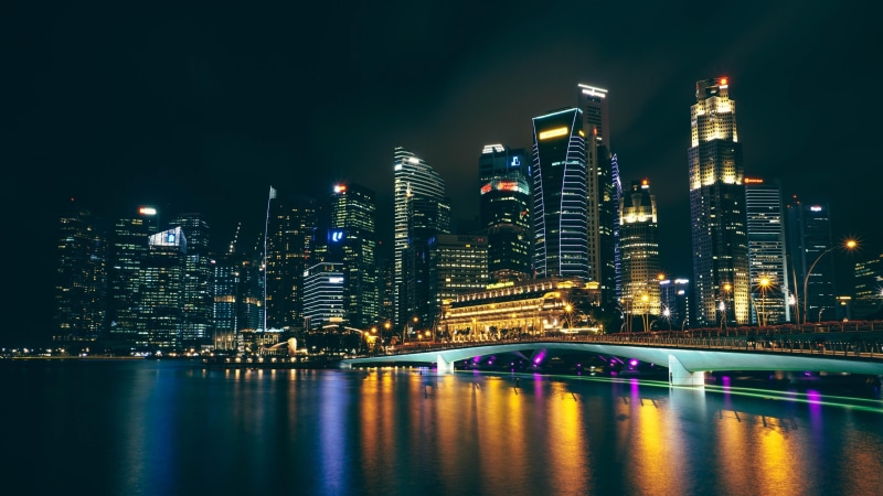 4K, lake, architecture, skyscrapers, lights, city lights, nigth