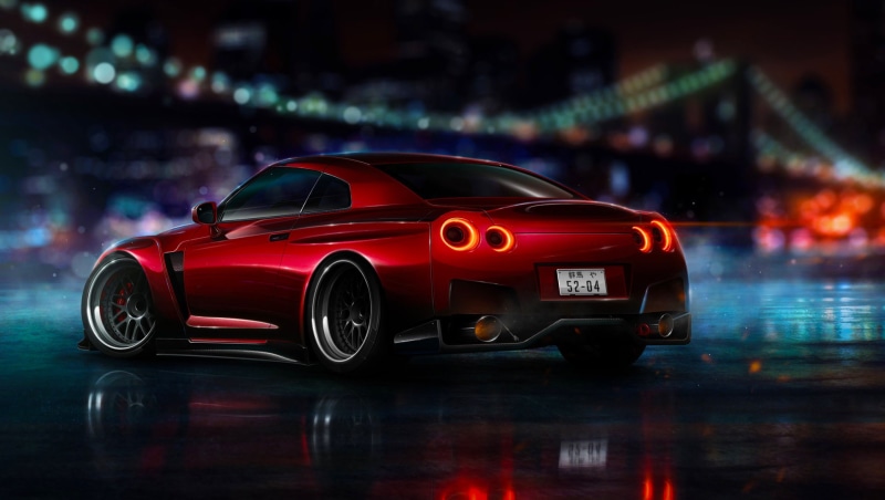 NFS, rain, land vehicle, speed, illuminated, tail light, sports car, 1080P, night, GT-R, motion, street, architecture, 2015, reflection, transportation