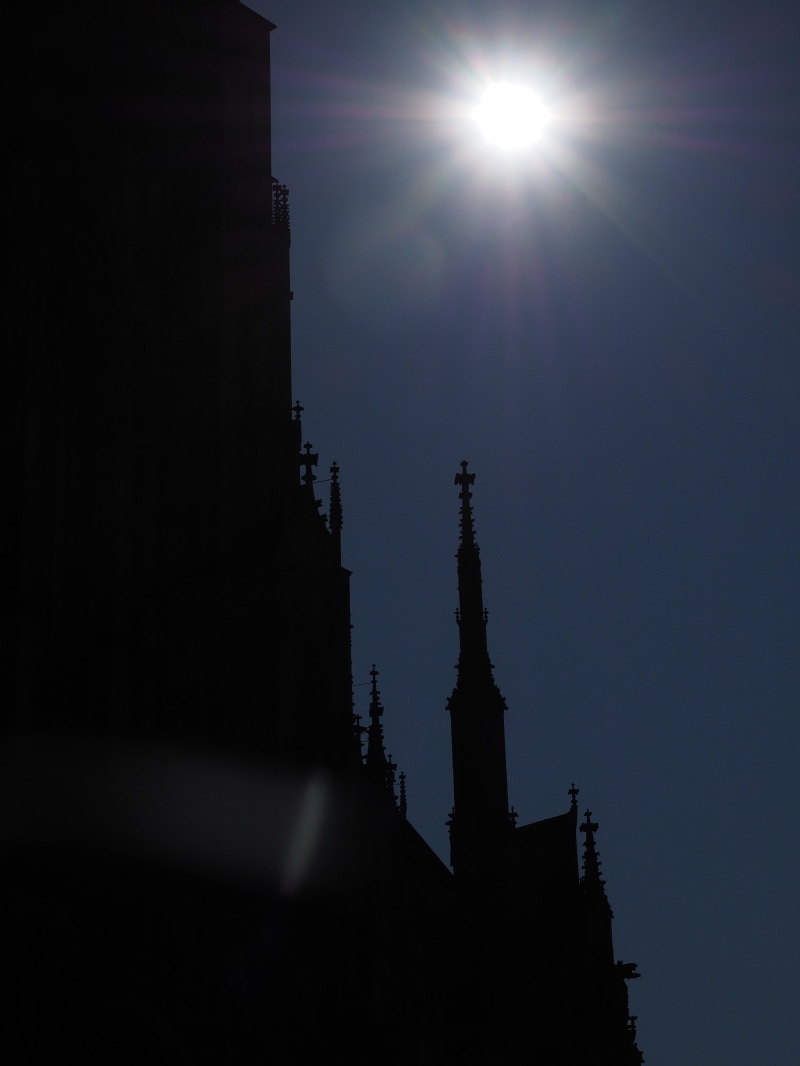 darkness, low angle view, ulm, shadow, nature, sunlight, travel, no people, sky event, sunshine, ulm cathedral, natural phenomenon of, building exterior