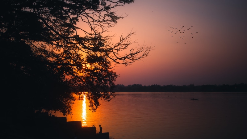 moody, blue, tranquility, kolkata, cloud, sun, 5K, orange color, bengal, lake, travel, tree, landscape, riverbank, building, calcutta, nature, idyllic