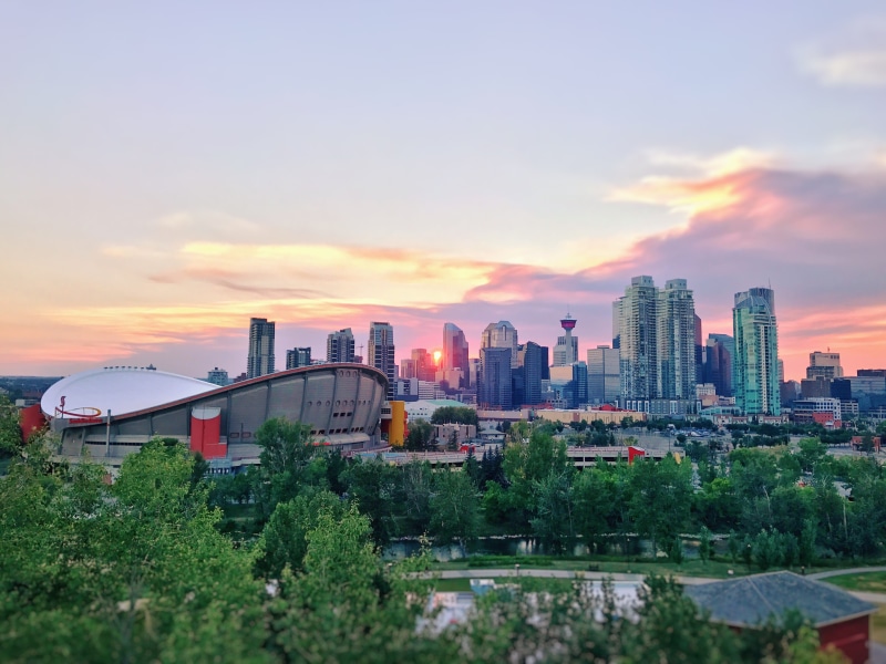 modern, building exterior, city, nature, cloud - sky, plant, built structure, sunset, sky, urban skyline, orange color, tree, skies, canada, calgary, scotsmans hill