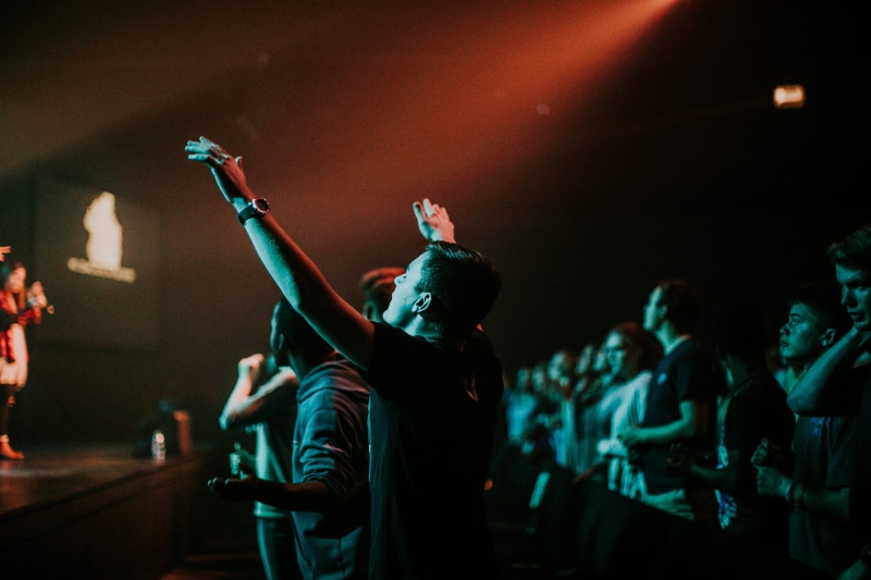 music, abandoned, audience, nightlife, singing, event, reach, two, hands, performance, enjoyment, girl, hillsong, spotlight, guy, back, illuminated, stage