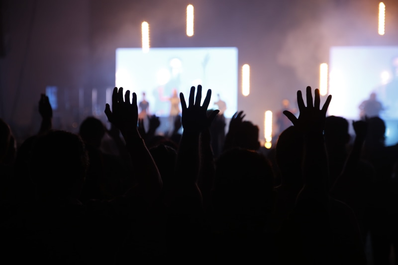 night, silhouette, crowd, flare, stage light, lighting, back, audience, human, club, night club, human arm, arms raised, people, rock concert, popular music concert