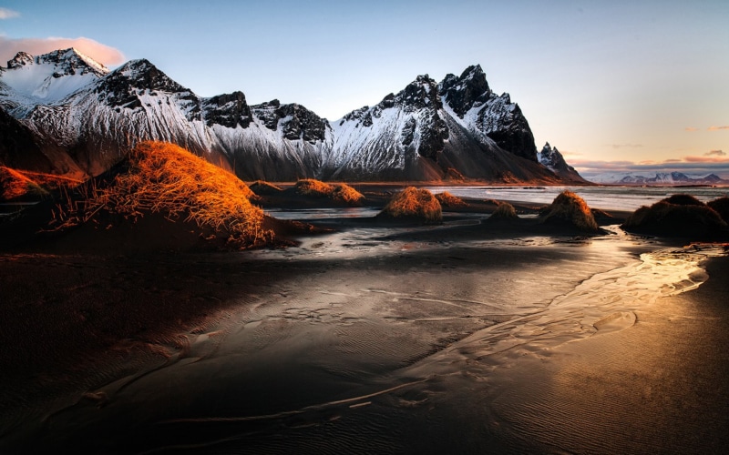  winter, desktop, hd, mountain, beach, peaks, iceland, blue, sunrise, sandy, vestrahorn, landscape, sea, coast, snow, 1080P