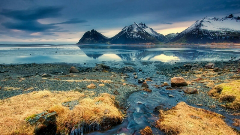 mountains, no people, vestrahorn, 1080P, peak, sky, iceland, water, tranquil scene, seascape, landscape, non-urban scene, rock, nature, reflection, mount scenery