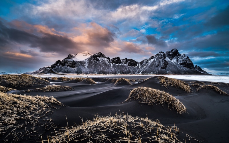 winter, landscape, cloudy, mountains, desktop, coast, sand, vestrahorn, iceland, 1080P, hd, snowy, beach, sky
