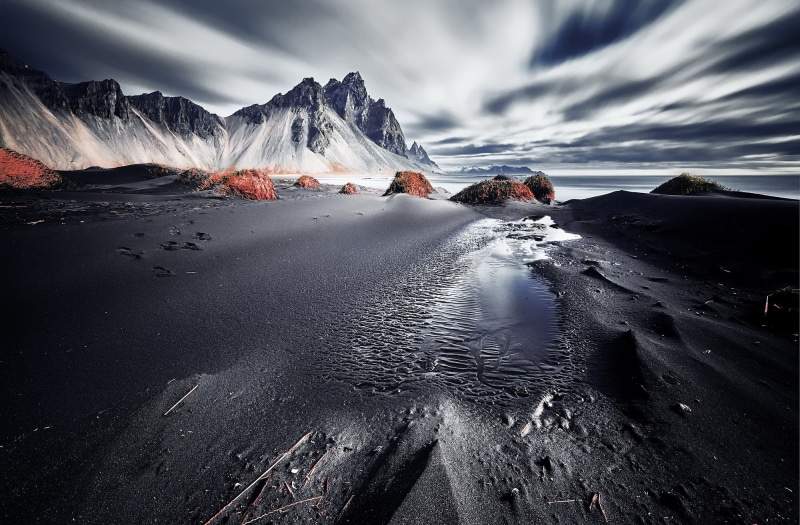 1080P, shore, black, mountain, sea, Vestrahorn Islande, white