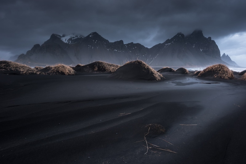 grass, 1080P, Stockksness, the sky, mountains, clouds, Iceland, Vestrahorn, black sand