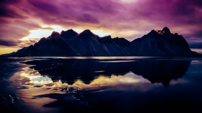 national park, purple sky, stokksnes, sky, stokksnes peninsula, eystrahorn, nature, water, tranquility, vatnajokull national park, sunset, non-urban scene
