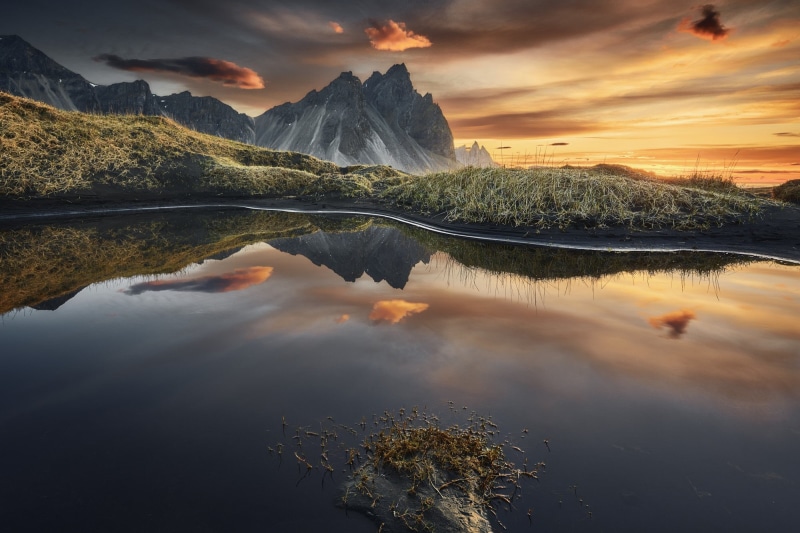 reflection, sunset, nature, mountains, 1080P, photographer Etienne Ruff, lake, Vestrahorn, the evening