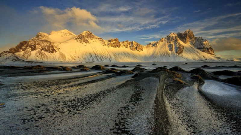 vestrahorn, winter, mountain, cold, caves, island, landscape, desktop, land, 1080P, iceland, sunsire, ice, hd, waterfalls, volcanoes, glaciers