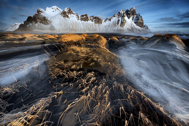 water, travel, cliff, frost, astronomy, rock, 5K, scenics - nature, coast, stokksne, focus, power in nature, winter, sky, nature, cold temperature, mountain