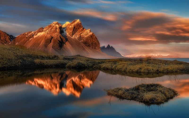 no people, stokksnes, scenics - nature, waterfront, mountain range, sky, hd, iceland, nature, idyllic, 2K, vestrahorn, mountain, sunset, cloud - sky