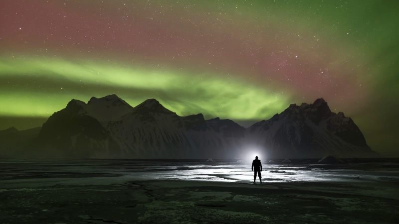 aurora borealis, standing, brunnhorn, water, winter, eystrahorn, iceland, tranquil scene, ice, nature, landscape, night sky, sky, mountain, cold temperature