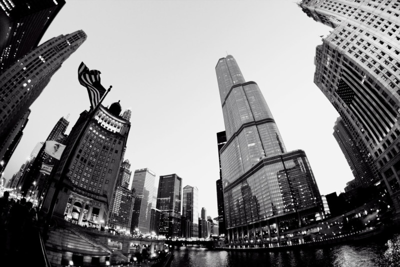 spire, office building exterior, travel destinations, office, day, financial district, modern, fisheye lens, no people, architecture, building exterior
