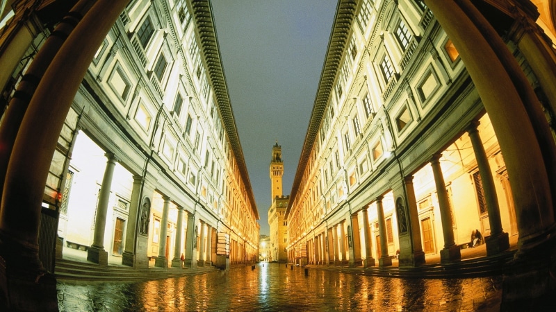 travel destinations, bridge, Florence, city, built structure, the past, history, day, transportation, fisheye lens, building, low angle view, architecture